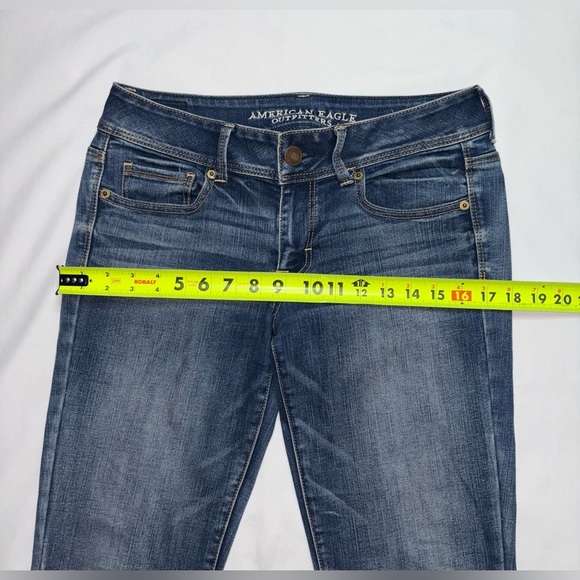 American Eagle Size 6 Long Dark Wash Kick Boot Super Stretch Low Rise Jeans - Picture 3 of 8